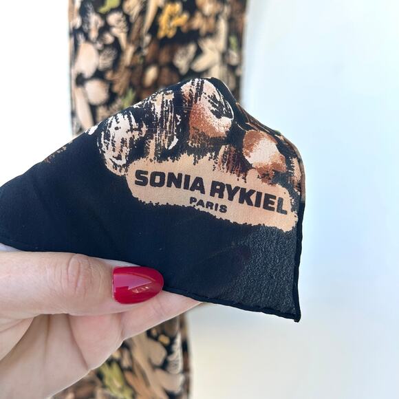 Sonia Rykiel Paris Silk Rectangular Scarf Floral Logo Designer Earthy Top Head - Picture 3 of 6